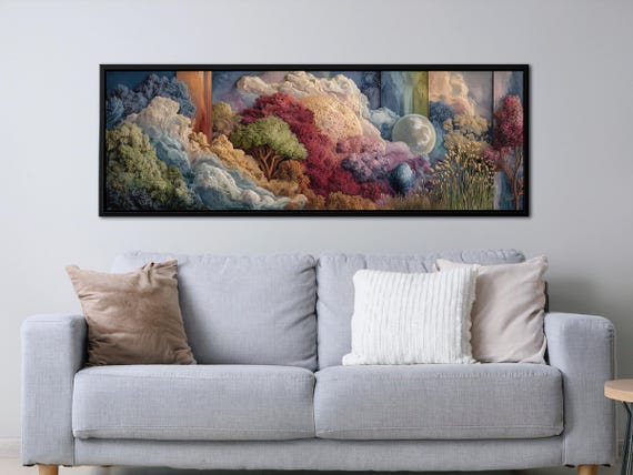 Abstract Moss Wall Art Panoramic Canvas Print – Pastel Surreal Landscape, Boho Nature Decor for Living Room, Dreamy Home Decor