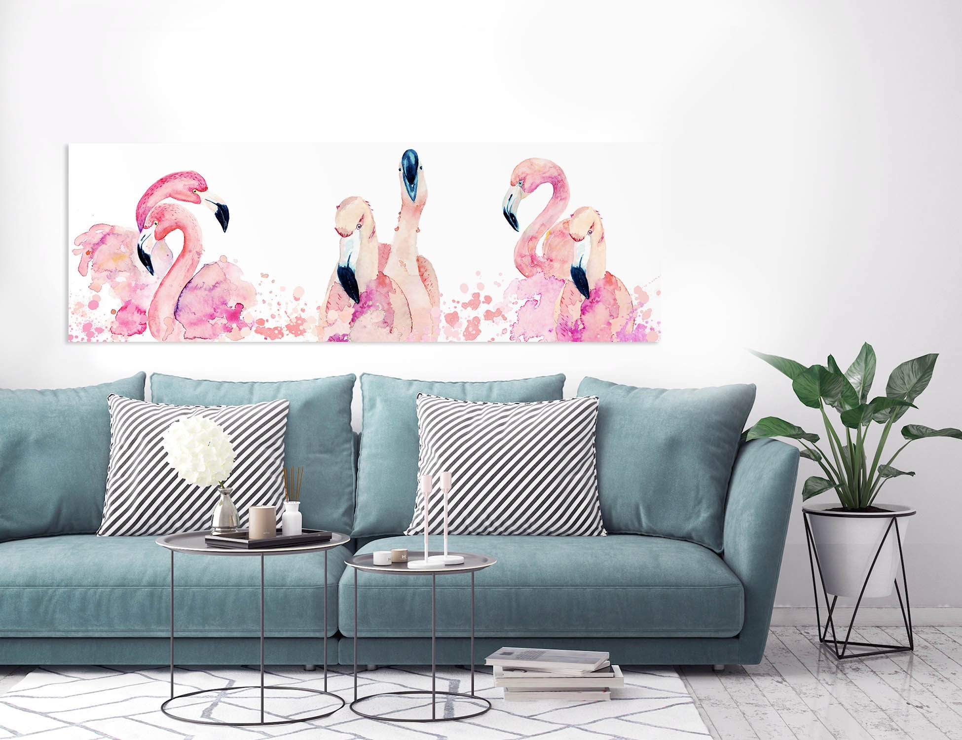 Pink Flamingos Watercolor Painting Wall Art Ready To Hang Large