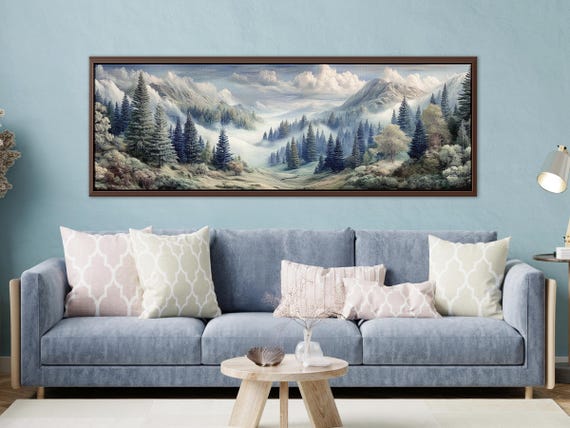 Moody Forest Wall Art, Panoramic Canvas Print of Dark Pine Trees, Large Foggy Landscape, Rustic Cabin Decor for Living Room