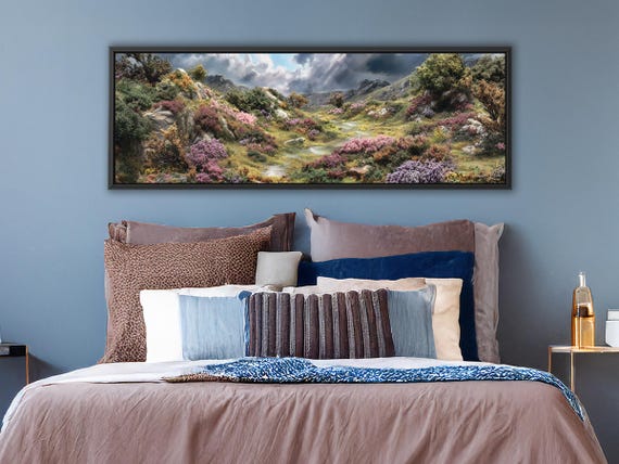 Long Horizontal Moss Diorama, Large Panoramic Wall Art Print, Misty Mountain Landscape Framed Canvas Home Decor Wall Art For Living Room