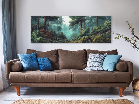 Old Mossy Forest Path Wall Art, Impression 3D Landscape - Large Panoramic Canvas Art Print Moody Magical Green Forest Painting Print