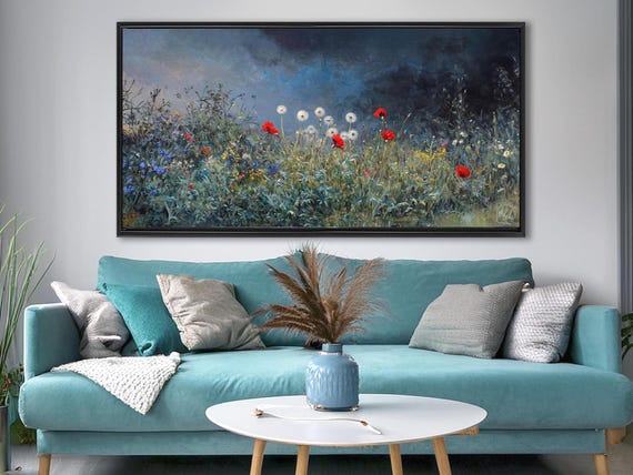 Wildflowers Field Landscape Wall Art Framed, Dark Floral Landscape Painting, Wildflowers at Night, Panoramic Moody Wall Art, Above Bed Decor