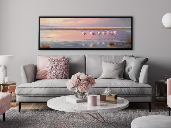 Pink Flamingo Landscape Canvas - Moody Beach Wall Art for Above Bed Decor