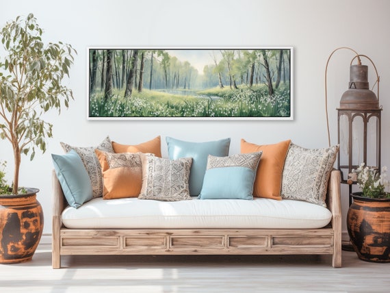 Lily Of The Valley In The Forest: Aesthetic Sage Green Wall Art, Floral Panoramic Canvas Print. Botanical Wall Art On Canvas.