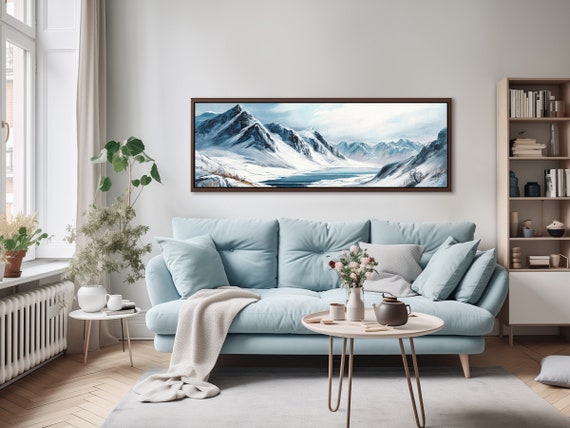 Mountains: Canvas Wall Art Oil Painting of Blue Snowy Peaks. Above Bed Decor Landscape, Panoramic Canvas Print With/Without Floating Frames.