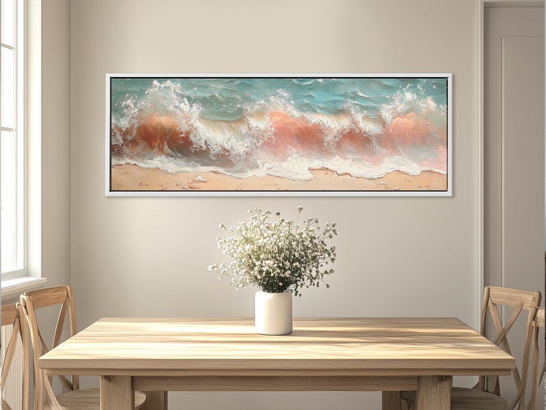 Ocean Wave Hitting the Shore Panoramic Canvas Print. Neutral Colors