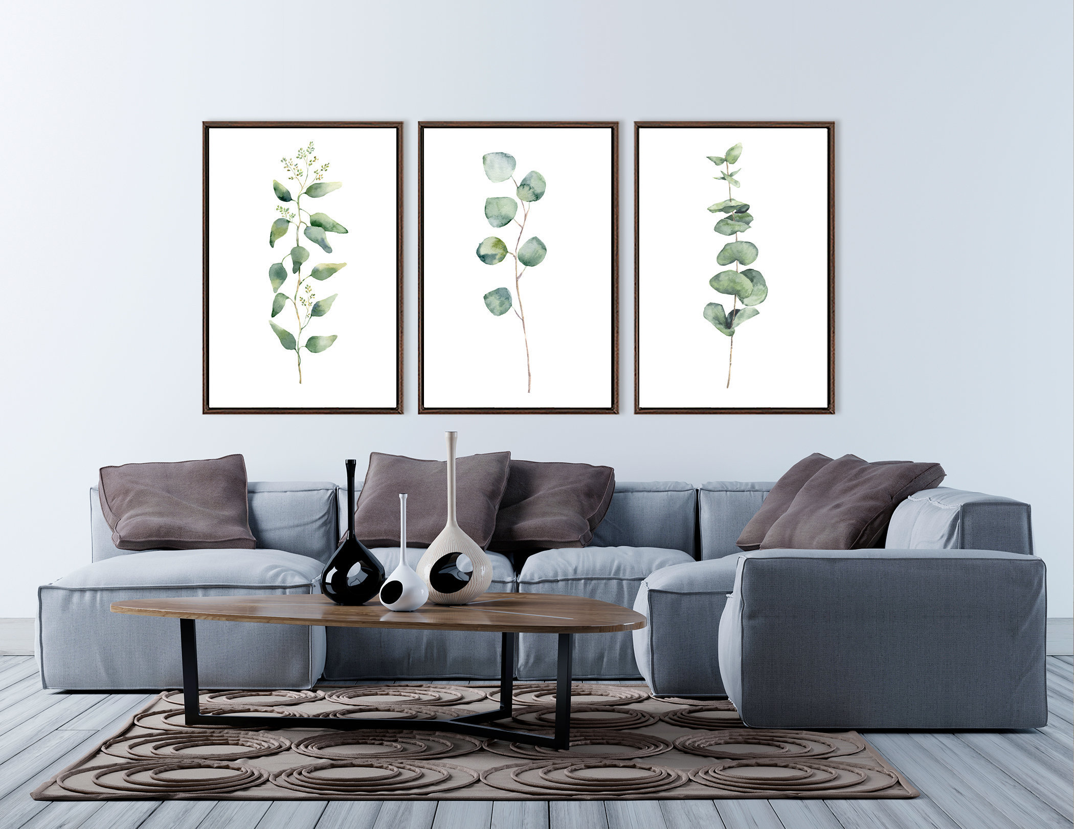 Eucalyptus branch prints, large green botanical watercolor wall art