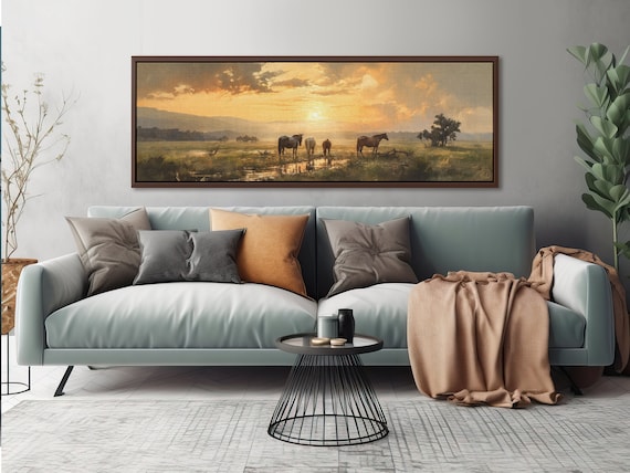 Sunset In The Meadow With Horses, Landscape Painting On Canvas By Mela - Large Panoramic Canvas Wall Art Prints With/Without Floating Frames
