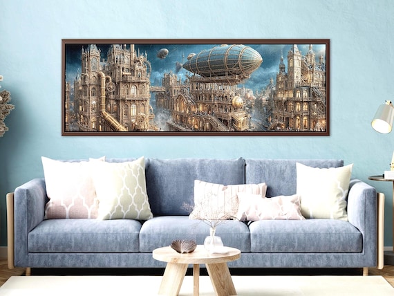 Steampunk. Industrial Wall Art – Fantasy Airship Cityscape Print – Retro Futuristic Floating City Digital Artwork – Sci-Fi Steampunk Decor
