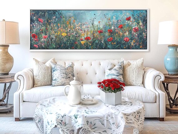Poppies - Wildflowers Meadow Print Field Landscape Wall Art Framed, Panoramic Moody Wall Art Dark Floral Landscape Painting, Above Bed Decor