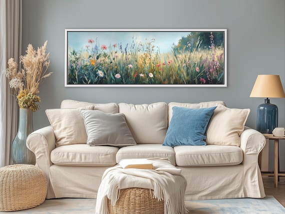 Wildflower Meadow Wall Art - Large Canvas Print, Framed or Unframed - One-of-a-Kind Rustic Floral Landscape for Living Room, Above Bed Decor