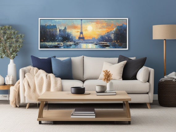Paris Eiffel Tower Cityscape Wall Art - Large Gallery Wrapped Canvas Art Print Panoramic Wall Art, Horizontal Wall Art Framed, Wide Print