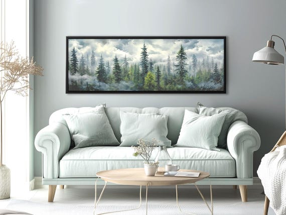 Panoramic Wall Art Pine Forest Canvas Print - Sage Green Woodland Wall Art, Large Forest Landscape