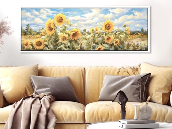 Panoramic Botanical Wall Art - Horizontal Wall Art - Floral Print - Large Wide Wall Art - Panoramic Sunflowers Wall Art - Above Bed Print