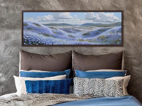 Forget Me Not Blue Hills Wall Art, Perfect Blue Shades Panoramic Canvas Print. Framed Wall Art, Meadow Landscape Art, Oil Painting Style Art