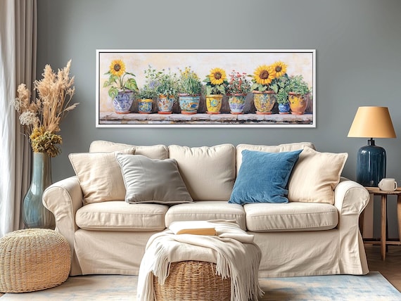 Kitchen Wall Art - Sunflowers and Wildflowers Painting Print, Cottagecore Art, Dopamine Decor Panoramic Wall Art Aesthetic Room Decor
