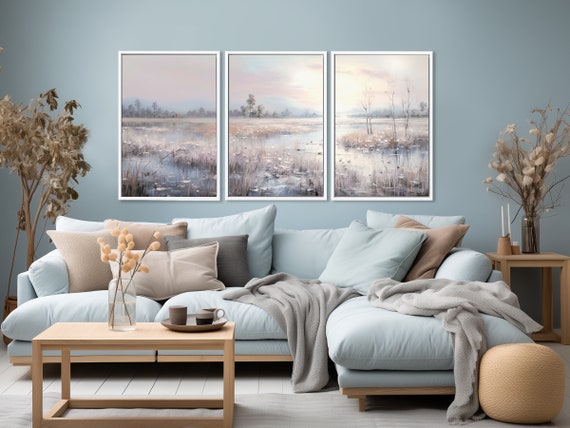 3 Piece Wall Art Landscape Painting With Field Of Wildflowers In A Cloudy Day, Gallery Wall Set, Large Wall Art, Canvas Paintings Art Prints