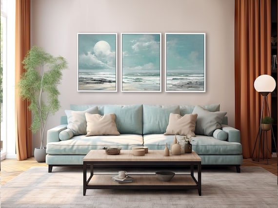 Ocean And Moon Triptych Teal Wall Art, Beach Oil Painting On Canvas By Mela- Set Of 3 Large Canvas Art Prints With/Without Floating Frames.