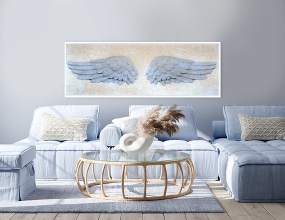 Angel Wings Wall Art, Blue & Beige Artwork On Canvas - Ready To Hang Large Panoramic Canvas Print