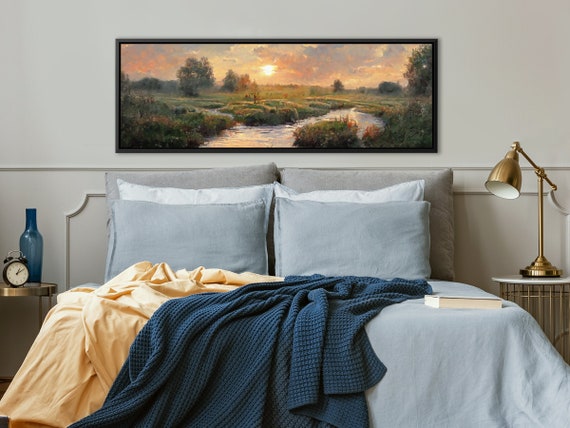 Sunset Meadow Wall Art, Oil Landscape Painting On Canvas By Mela - Large Gallery Wrapped Canvas Art Prints With Or Without Floating Frames.