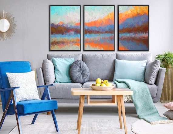 Abstract Wall Art, Extra Large Landscape Painting On Canvas - Set of 3 Gallery Wrap Canvas Wall Art Prints With Or Without Floater Frames.