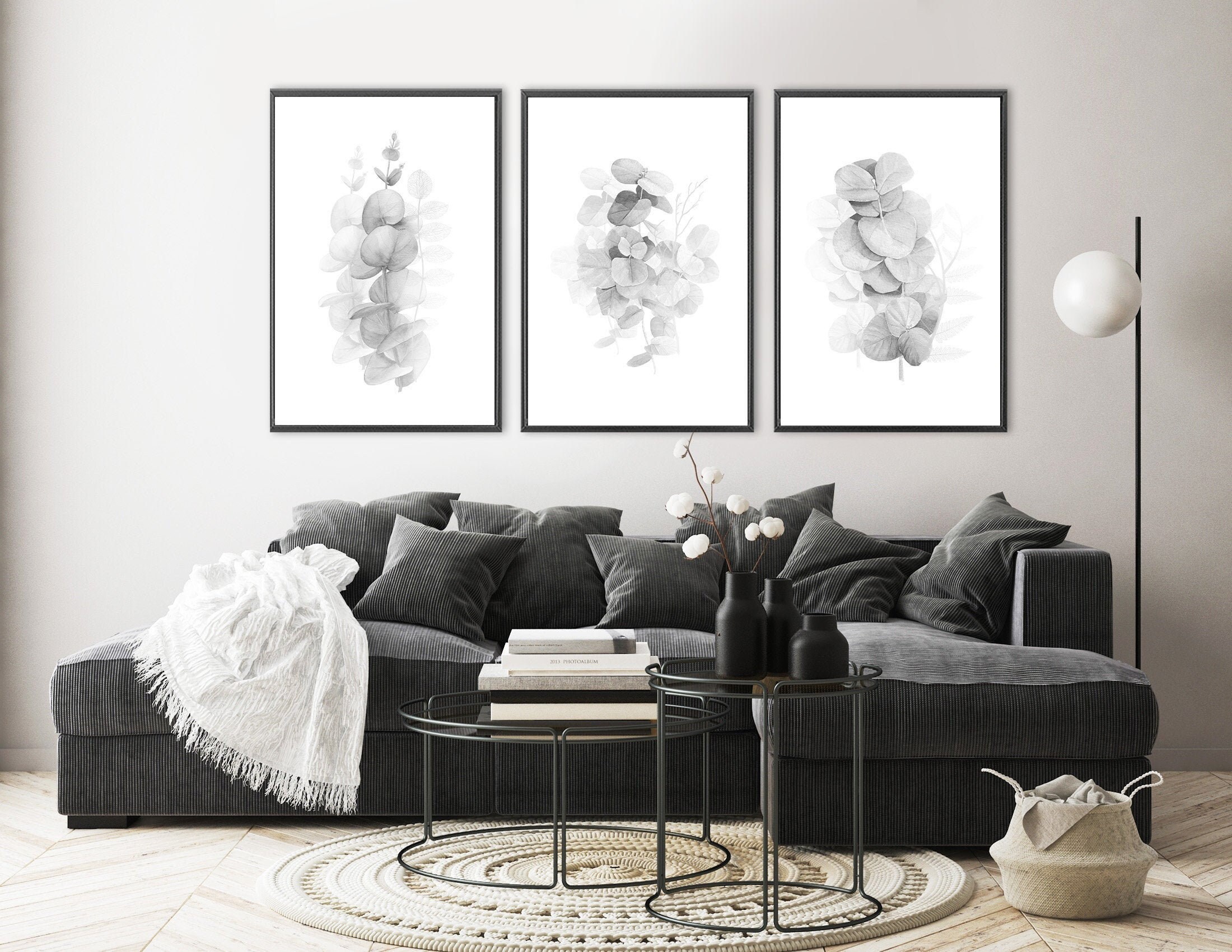 Eucalyptus Watercolor Painting Minimalist Set Of 3 Large Black