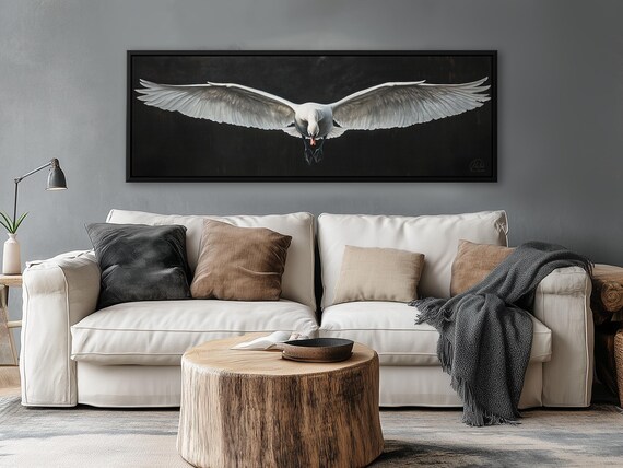 White Swan with Spread Wings - Modern Minimalist Framed Wall Art Extra Large Panoramic Print Above Bed Decor