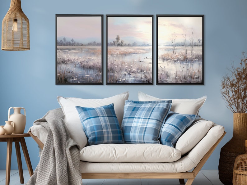Light Blue 3 Piece Wall Art Landscape With Wildflowers. Etsy