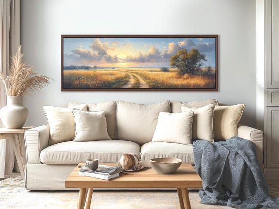 Moody Meadow Path at Sunset - Panoramic Landscape Canvas. Long Narrow Nature Wall Art