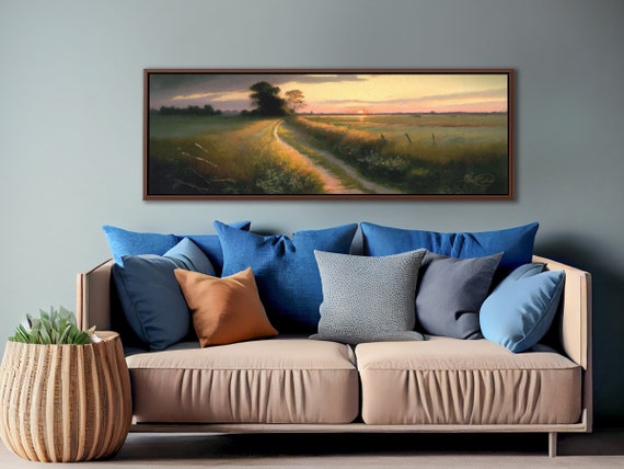 Meadow Path At Sunset, Oil Landscape Painting On Canvas By Mela - Large Gallery Wrapped Canvas Wall Art Prints With/Without Floating Frames.