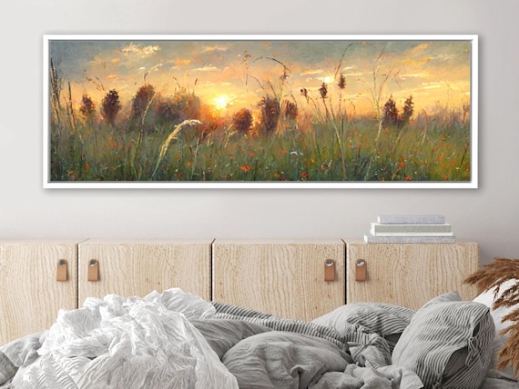 Flower Meadow Sunset Wall Art, Oil Landscape Artwork On Canvas - Large Canvas Print With Or Without Floating Frame