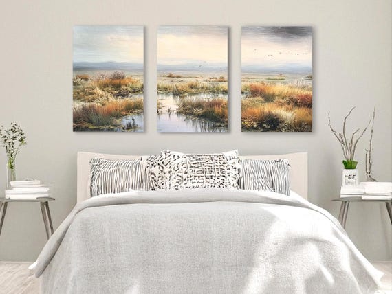 Backwater Landscape Canvas Print Set: Cloudy Sky Triptych, Framed Option