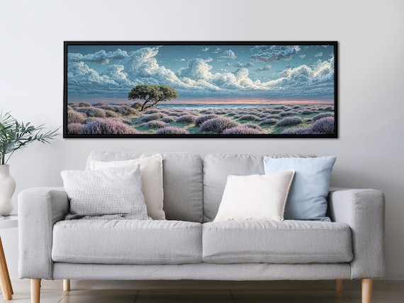 Coastal Lavender Field Wall Art – Panoramic Canvas Print, Beach Lavender Landscape, Large Wall Décor