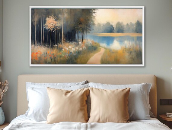 Forest Lake Wall Art – Moody Autumn Landscape, Framed Canvas Art, Serene Nature Artwork, Calming Bedroom Art, Japandi & Modern Rustic Decor