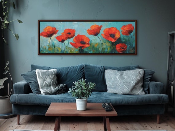 Poppies Field Landscape Wall Art Framed, Floral Landscape Painting, Wildflowers Meadow, Panoramic Moody Wall Art, Above Bed Decor