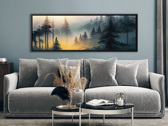 Foggy Mountain Forest Art, Oil Landscape Painting On Canvas by Mela - Large Panoramic Canvas Wall Art Prints With Or Without Floating Frames