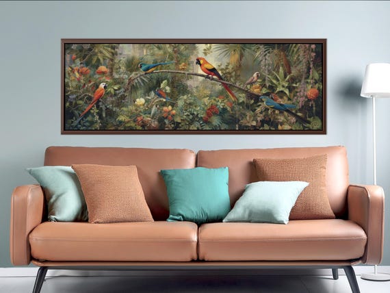 Tropical Birds of Paradise Canvas Art Print - Framed Rainforest Parrot Wall Decor