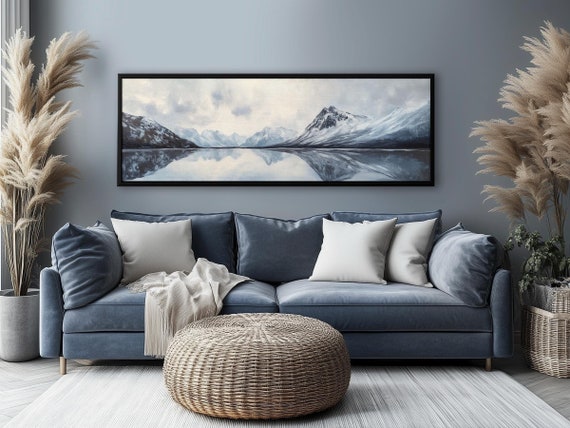 Mountain Lake Relaxing Wall Art - Minimalistic Large Panoramic Canvas Print