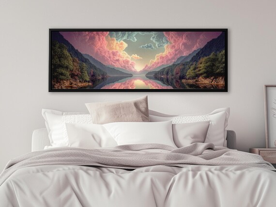 Serene Sunset Over Mirror Lake - Calming Water and Sky Landscape Artwork. Premium Canvas Print, Trendy Wall Decor Above Bed Decor Modern Art