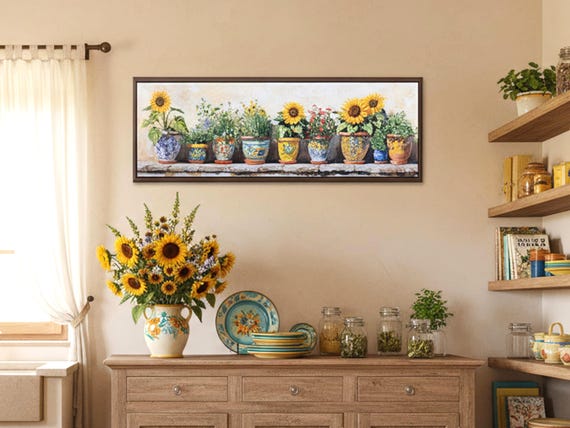 Sunflower in Pots Canvas Print: Cottagecore Kitchen Wall Art