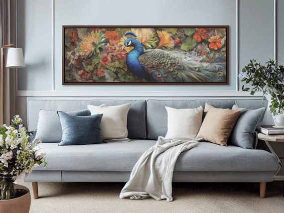 Royal Peacock: Panoramic Canvas Print for Minimalist Interiors