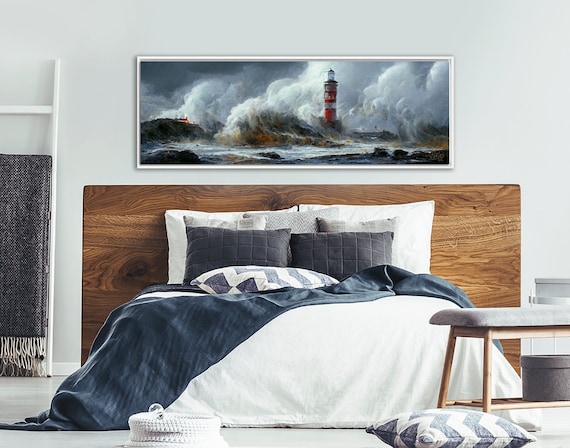 Lighthouse In Stormy Waves, Canvas Oil Painting - Ready To Hang Large Gallery Wrapped Canvas Wall Art Prints With Or Without Floating Frames