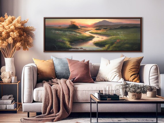 Meadow Sunset Wall Art, Oil Landscape Painting On Canvas By Mela - Large Gallery Wrapped Canvas Art Prints With Or Without Floating Frames.