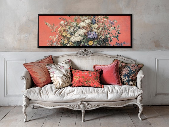 Wildflower Bouquet Canvas – Vintage Coral Floral Still Life Large Extra Wide Cottagecore Wall Art Print Rustic Farmhouse Décor Ready to Hang