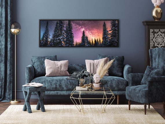 Night Sky Northern Lights Over Snowy Winter Forest Landscape, Oil Painting By Mela - Canvas Wall Art Prints With Or Without Floating Frames.