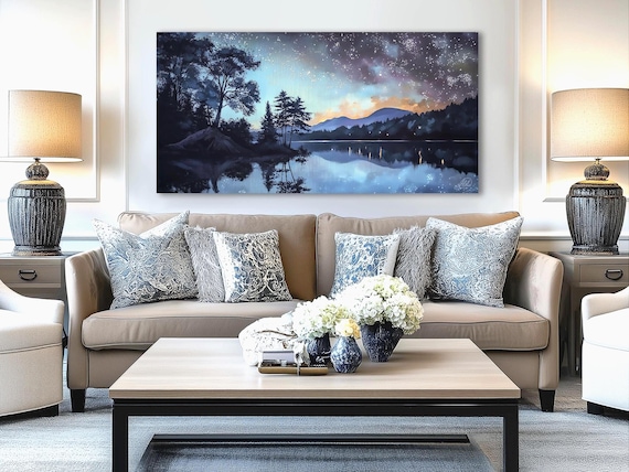 Starry Night Lake Canvas – Twilight Landscape Wall Art with Dark Forest Scene