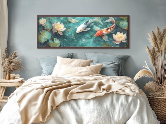Koi Fish and Lotus Teal Wall Art: Zen Wabi Sabi Japandi Decor
