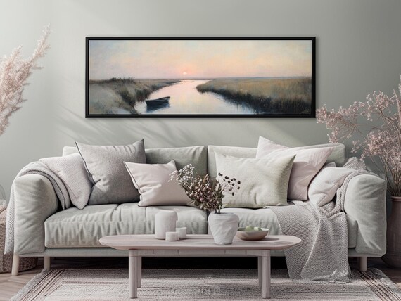Minimalist Landscape with a Boat - Modern Art in Soft Pastel Tones. Trendy Neutral Wall Art Above Bed Wall Art