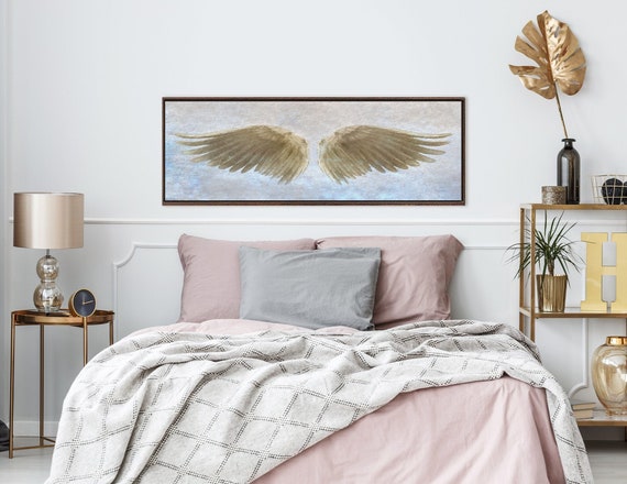 Angel Wings Wall Art, Beige & Blue Oil Painting On Canvas - Ready To Hang Large Panoramic Canvas Wall Art Prints With Or Without Float Frame