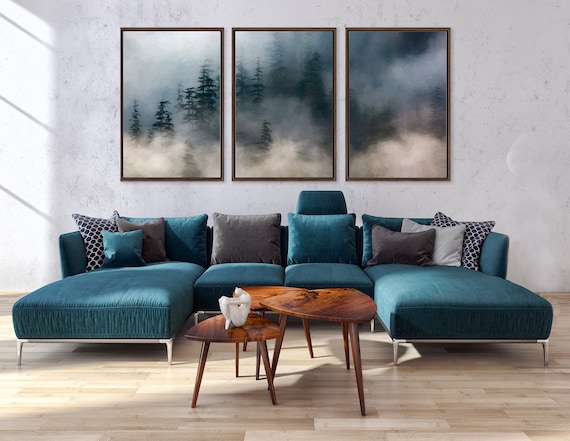 Misty Mountain Forest, Oil Landscape Painting On Canvas - Set Of 3 Large Gallery Wrap Canvas Wall Art Prints With Or Without Floater Frames.